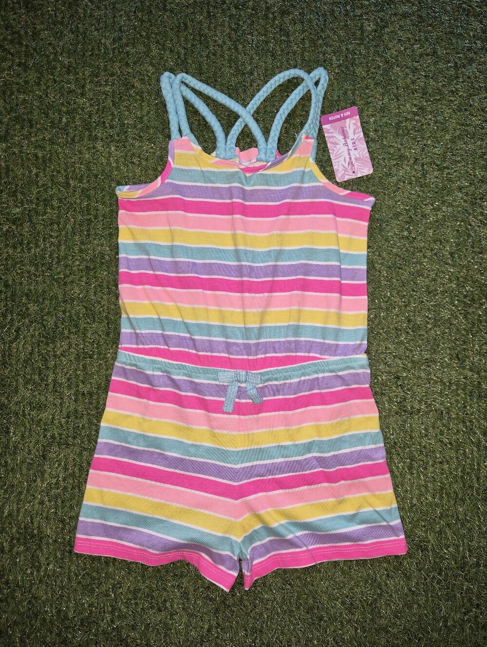 Tommy Bahama Girls Striped Rainbow Romper - Pink, Yellow, Blue, Purple, Green